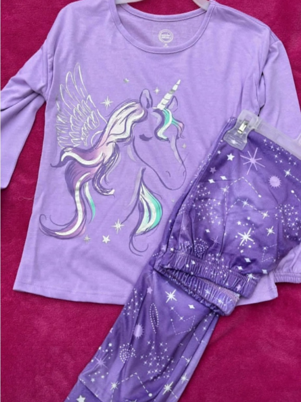 Girls' Lavender Unicorn Pajama Set - Plush Star Print